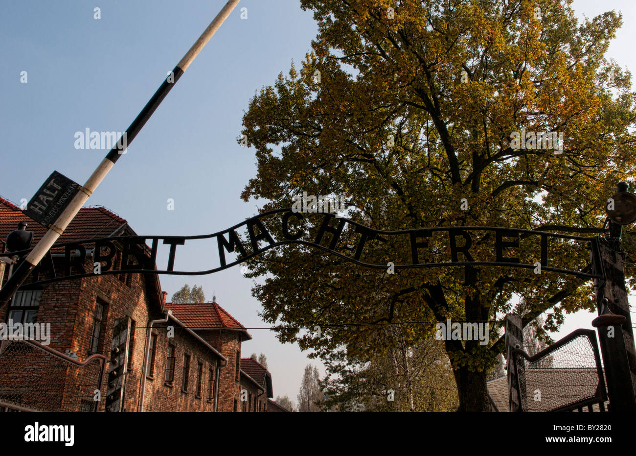 Auschwitz Concentration Camp horror Oswiecim Poland Gate ARBEIT MACHT FREI 'Work Brings Freedom' Stock Photo