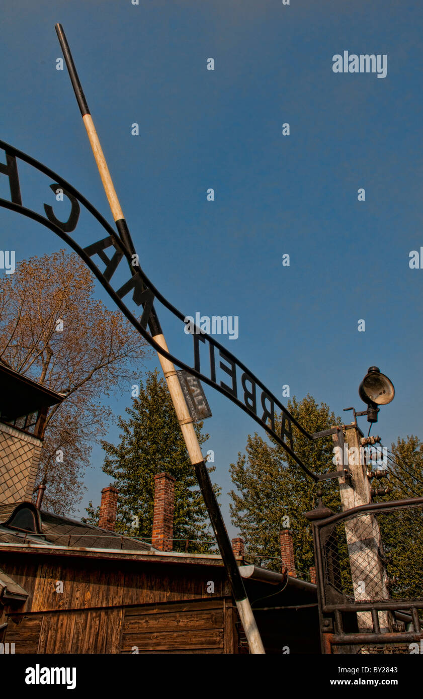 Auschwitz Concentration Camp horror Oswiecim Poland Gate ARBEIT MACHT FREI 'Work Brings Freedom' Stock Photo