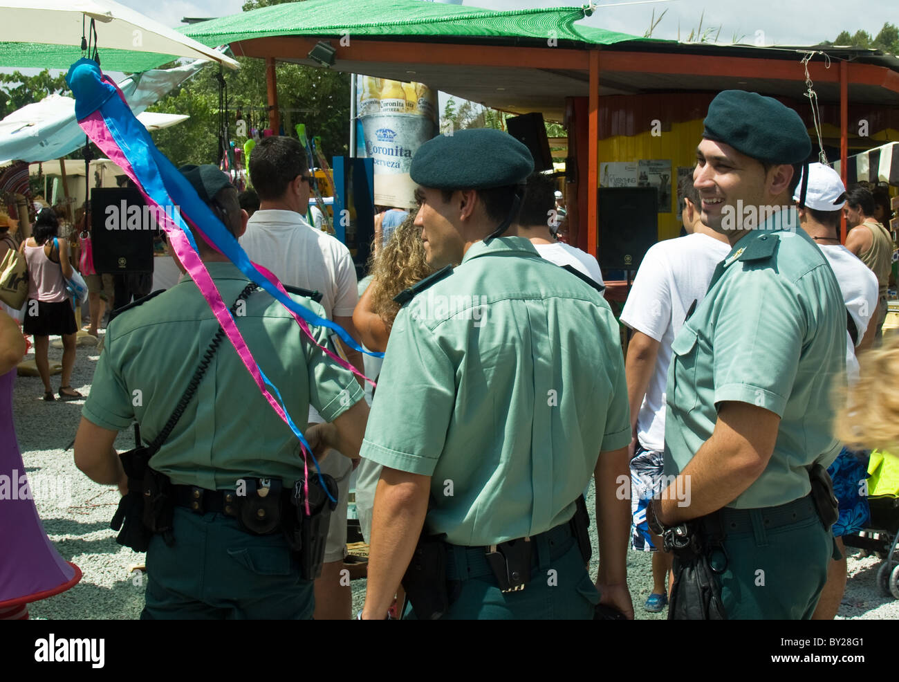 Guardia Civil, patrolling 'Hippy Market', Sant Carles de Peralta, Ibiza, Balearic Islands, Spain. Stock Photo