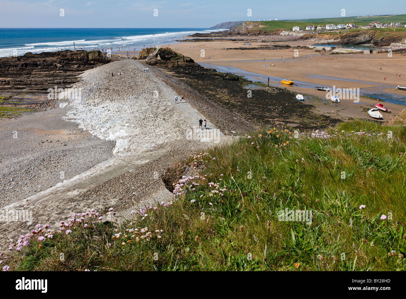 Bude Breakwater and Summerleaze Beach, Bude, Cornwall, England Stock