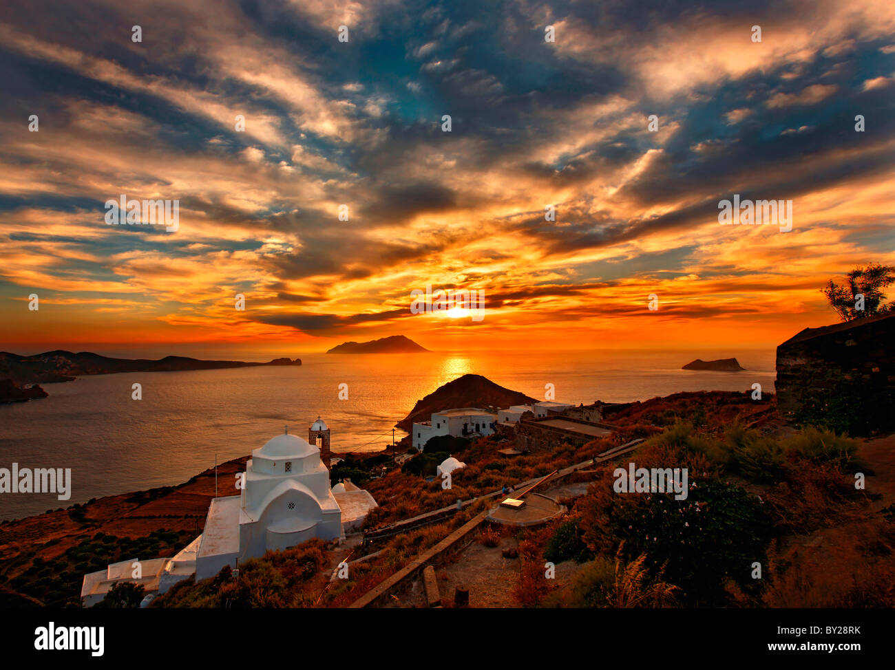 Sunset in Milos island, Cyclades, Greece. Stock Photo