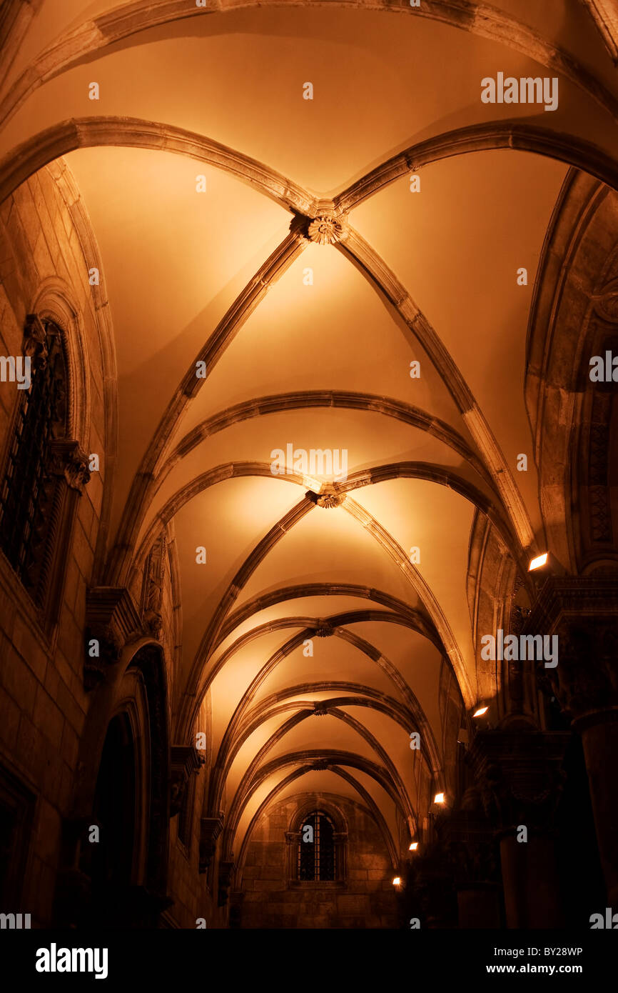 Arch ceiling of the Duke's Palace in old city of Dubrovnik, Croatia, highlighted at night Stock Photo