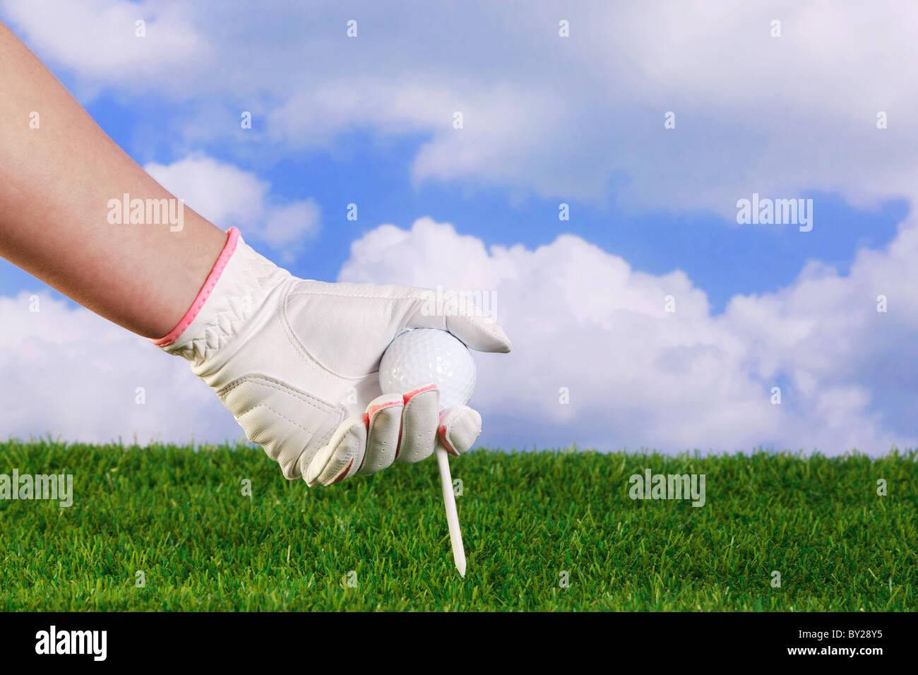 Photo of a ladies hand in white and pink glove placing a golf ball and tee into grass. Stock Photo