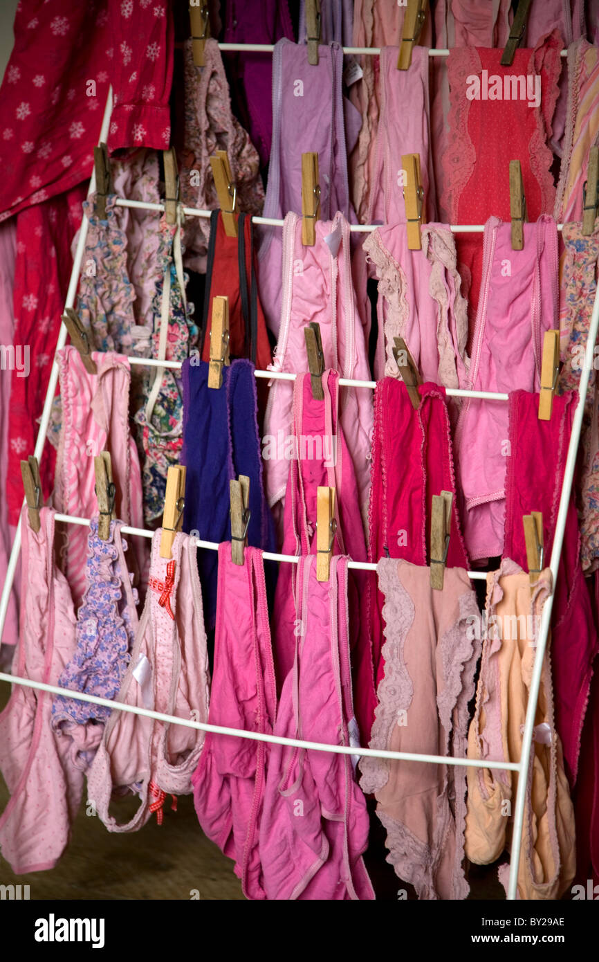 Wet pants underwear pegged drying indoors Stock Photo Alamy