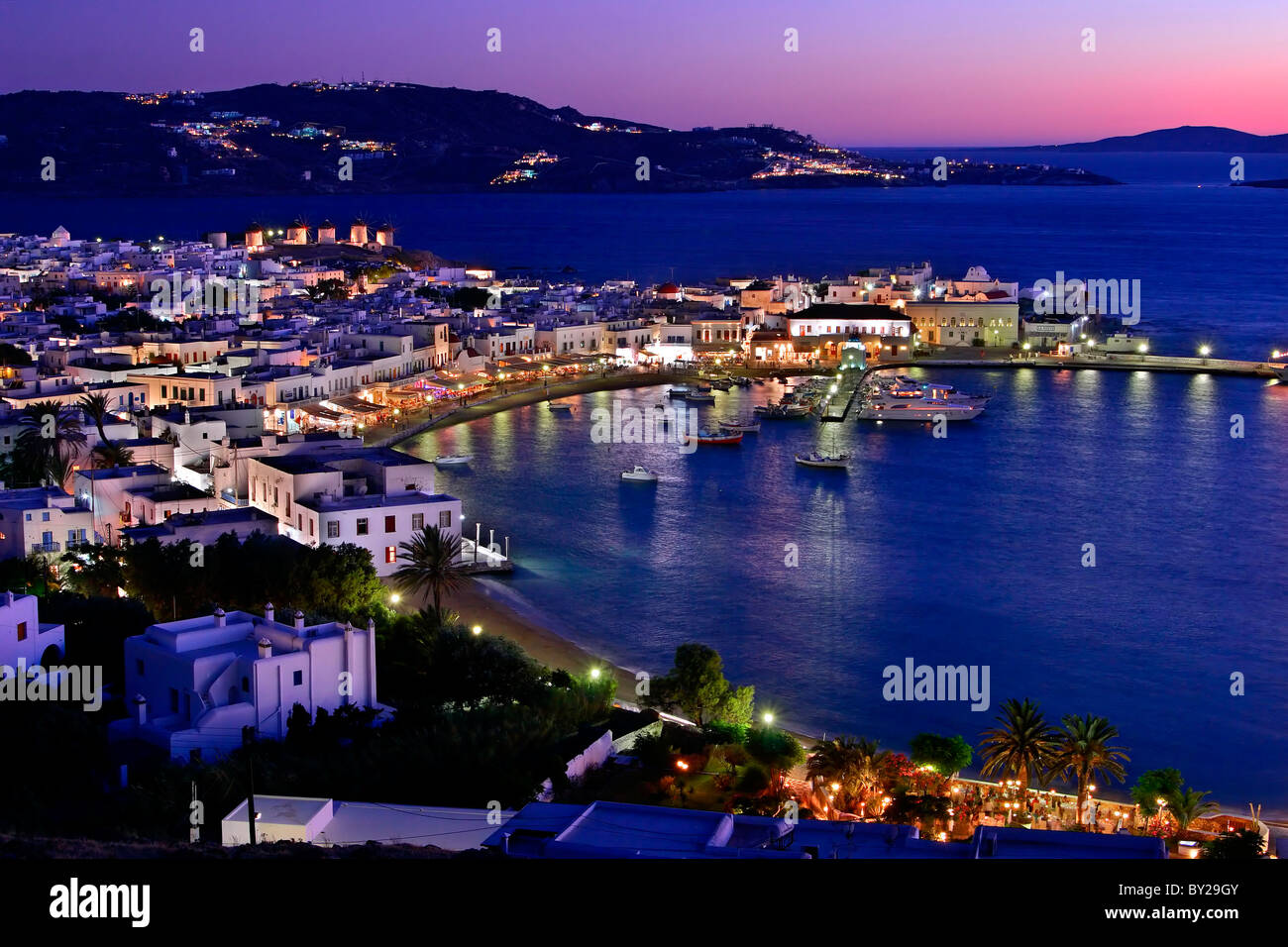 A panoramic view of the harbor of the Hora of Mykonos island, Greece