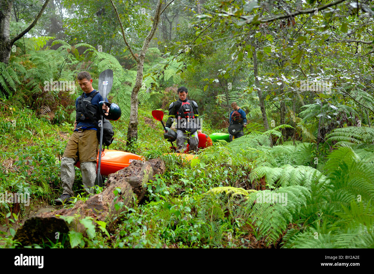 Three kayakers hike through the jungle of Veracruz Mexico Stock Photo