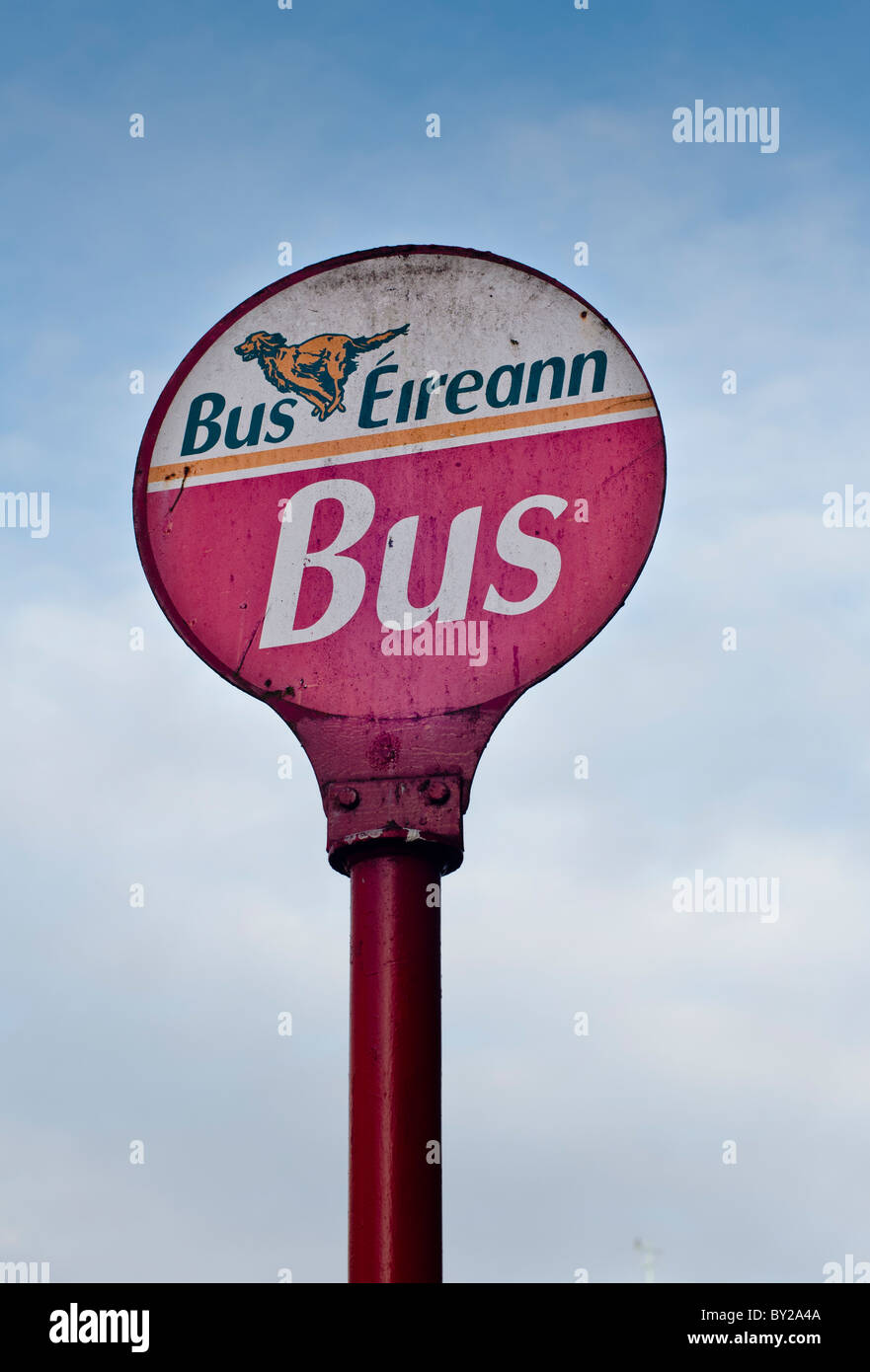 Irish bus stop sign in Limerick city, Republic of Ireland Stock Photo