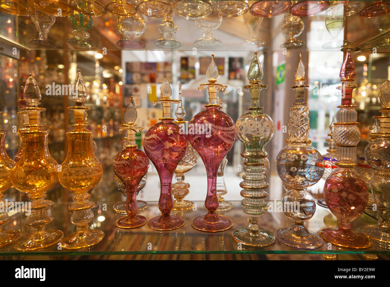 Ornate glass perfume bottles in Cairo shop window, Egypt 2 Stock Photo Alamy