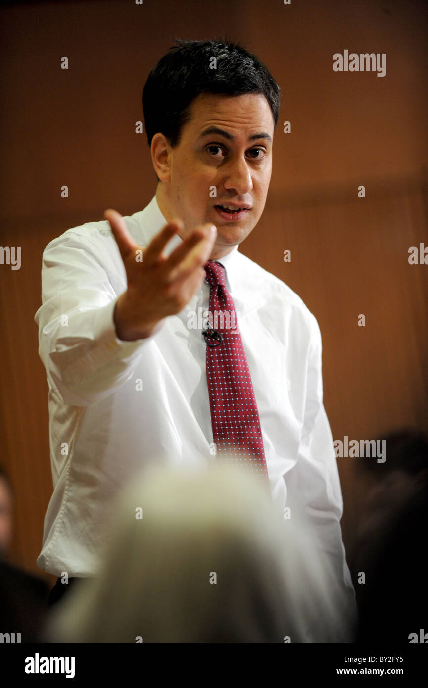 Labour Leader Ed Miliband speaks to the public during a Q & A session at Hove Town Hall part of the Labour Fresh Ideas Campaign Stock Photo