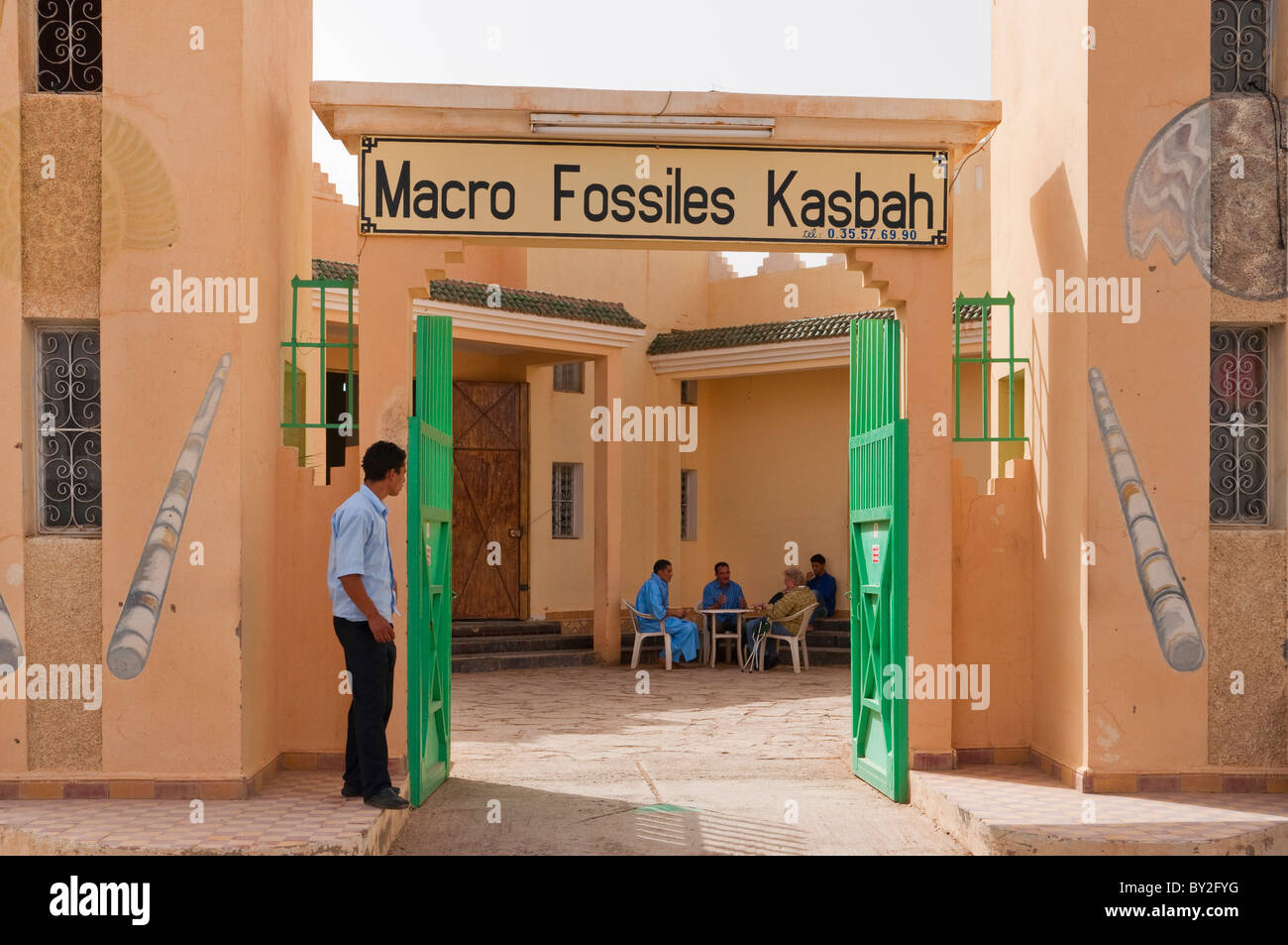 Entrance to the Macro Fossil Kasbah near Erfoud, Morocco. Stock Photo