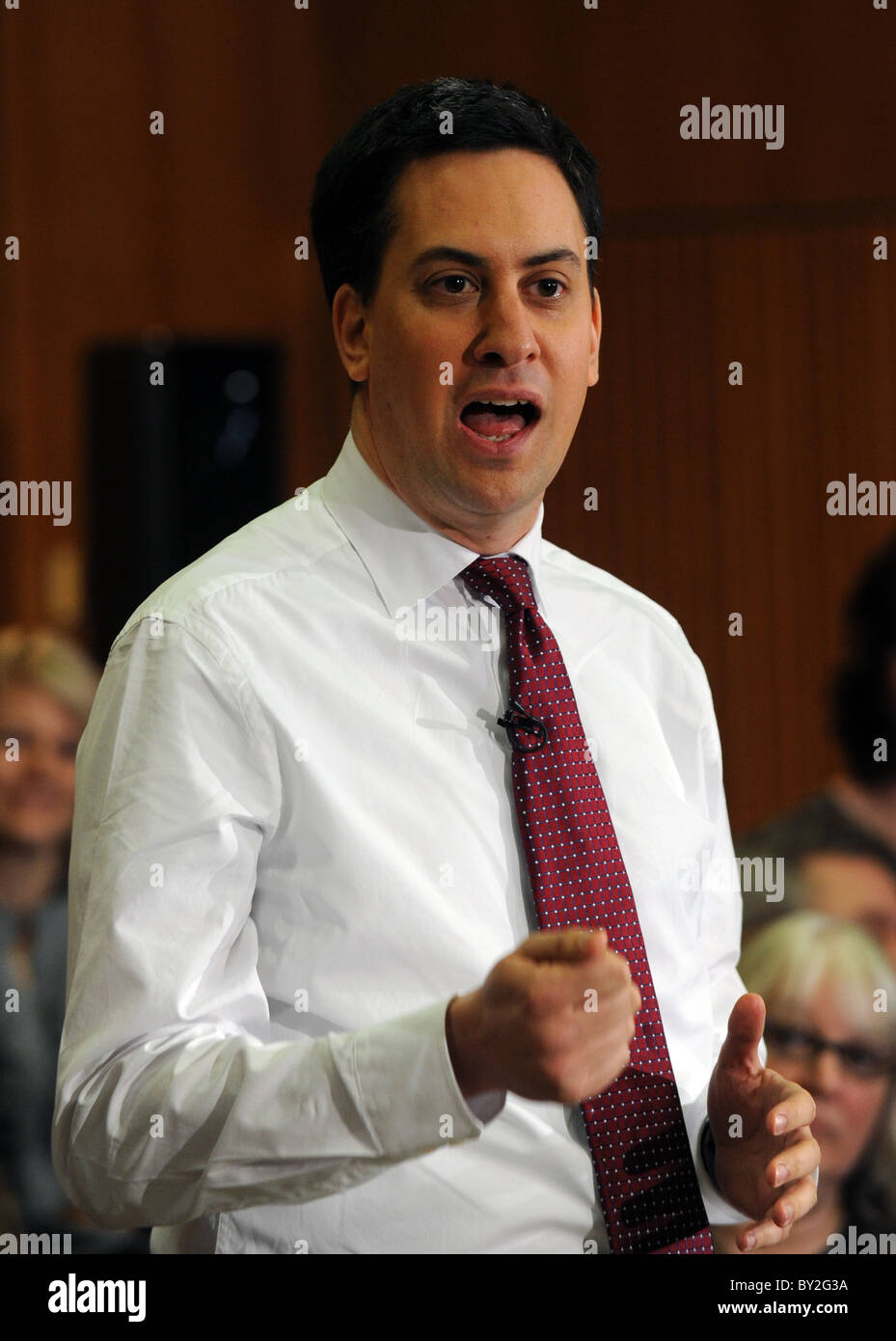 Labour Leader Ed Miliband speaks to the public during a Q & A session at Hove Town Hall part of the Labour Fresh Ideas Campaign Stock Photo