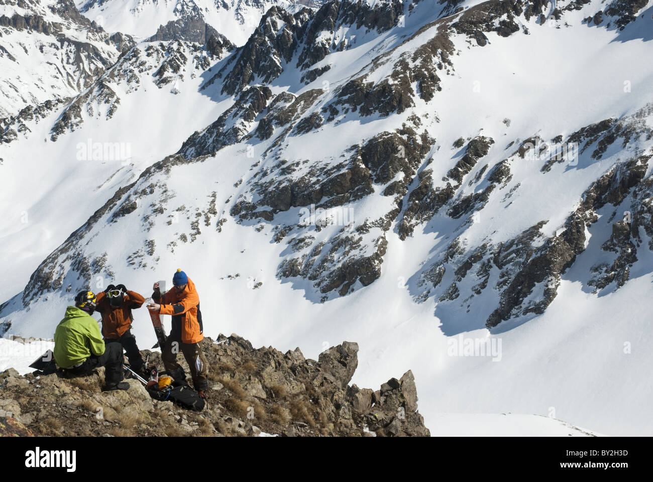 A group of free skiers getting ready for the way down in La Grave, France. Stock Photo