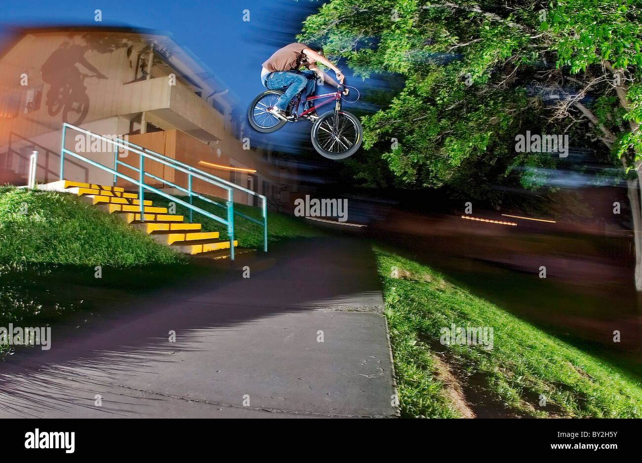 A mountain bike rider jumps a gap in Albuquerque, NM Stock Photo Alamy