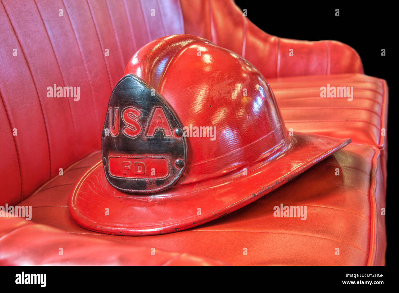 Old Fireman Red Helmet Stock Photo