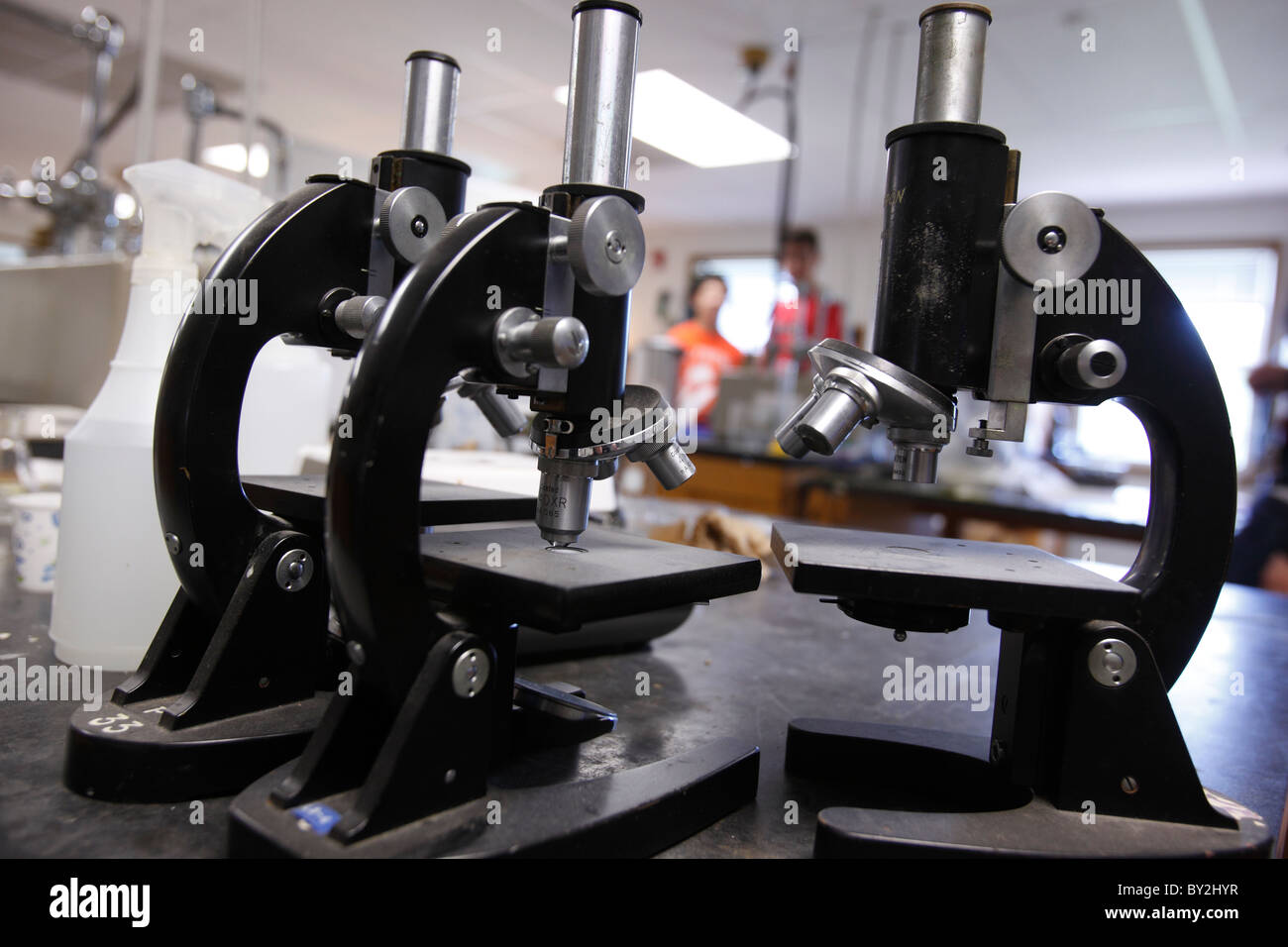 Microscopes in a high school science lab Stock Photo
