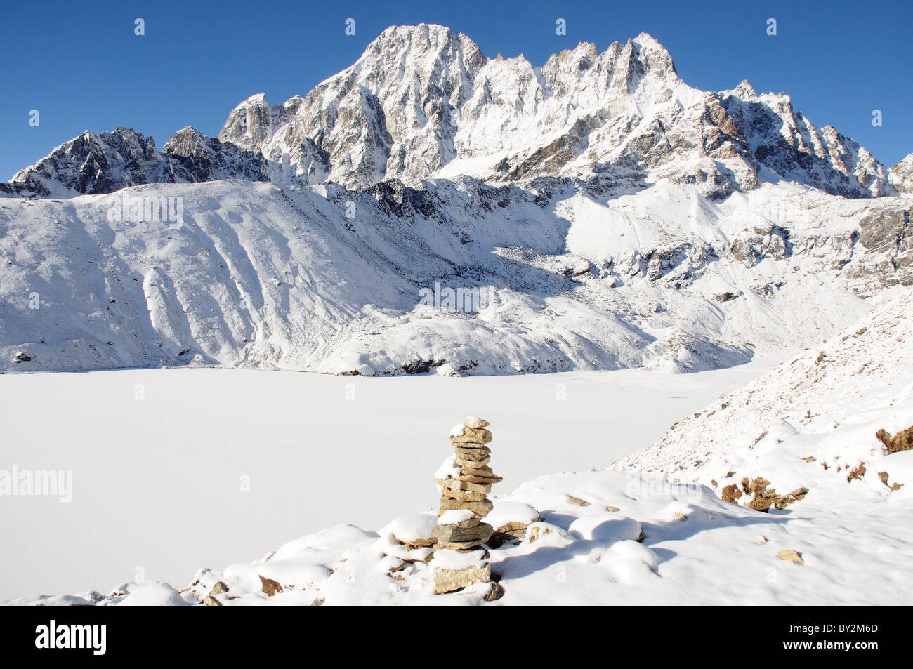 The frozen sacred lake at Gokyo in Nepal as seen from Gokyo Ri Stock Photo