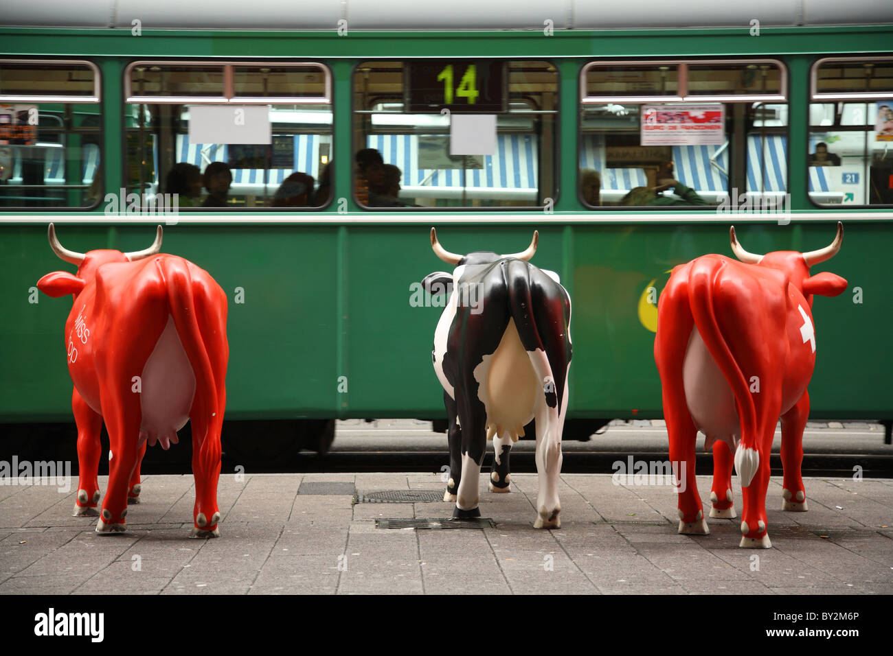 Swiss cows used as a decoration, Basel, Switzerland Stock Photo