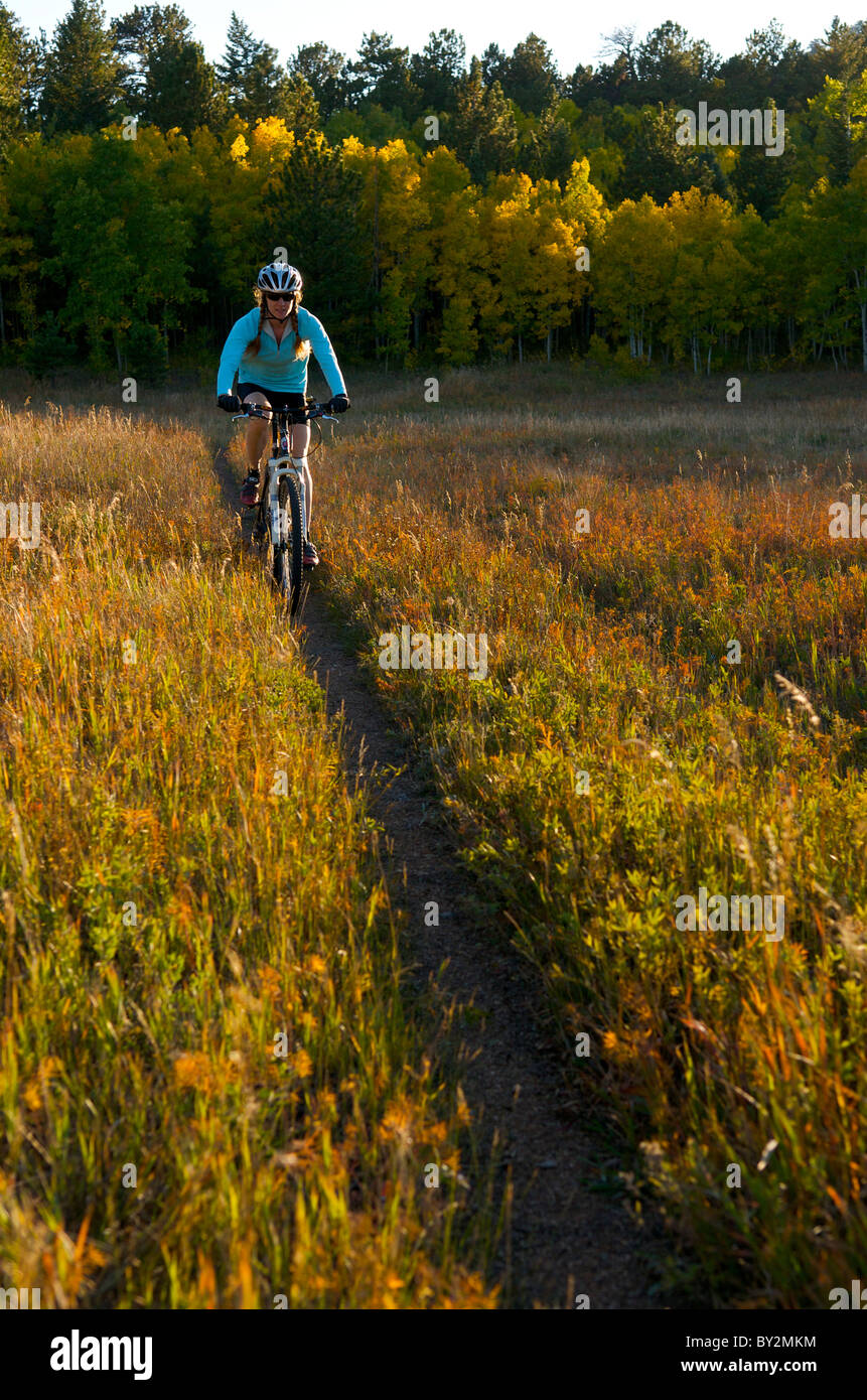 a woman mountain biking near gold hill, co. Stock Photo