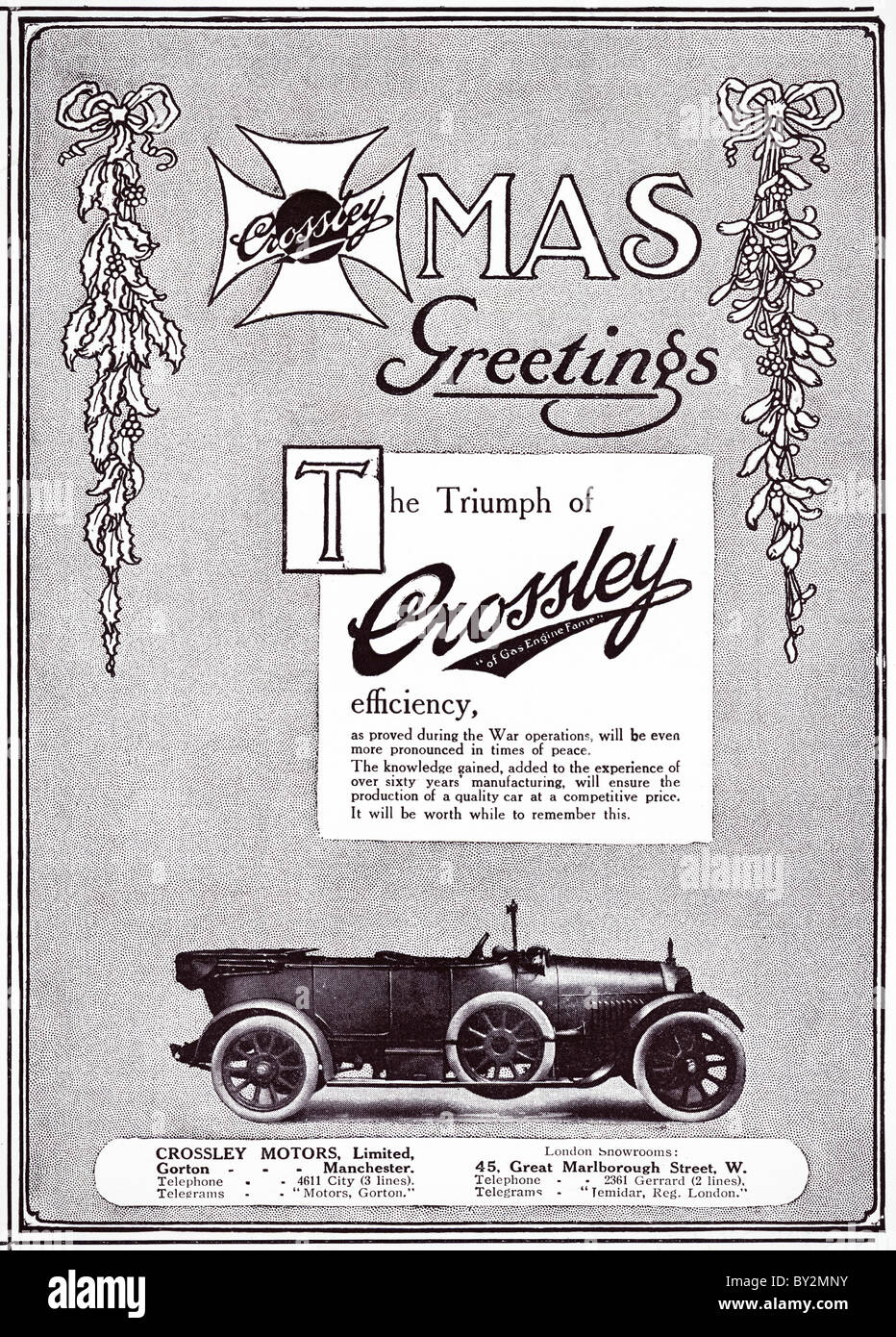 Original Xmas advert for Crossley Motors Ltd circa 1919 cars manufactued in Manchester England UK Stock Photo
