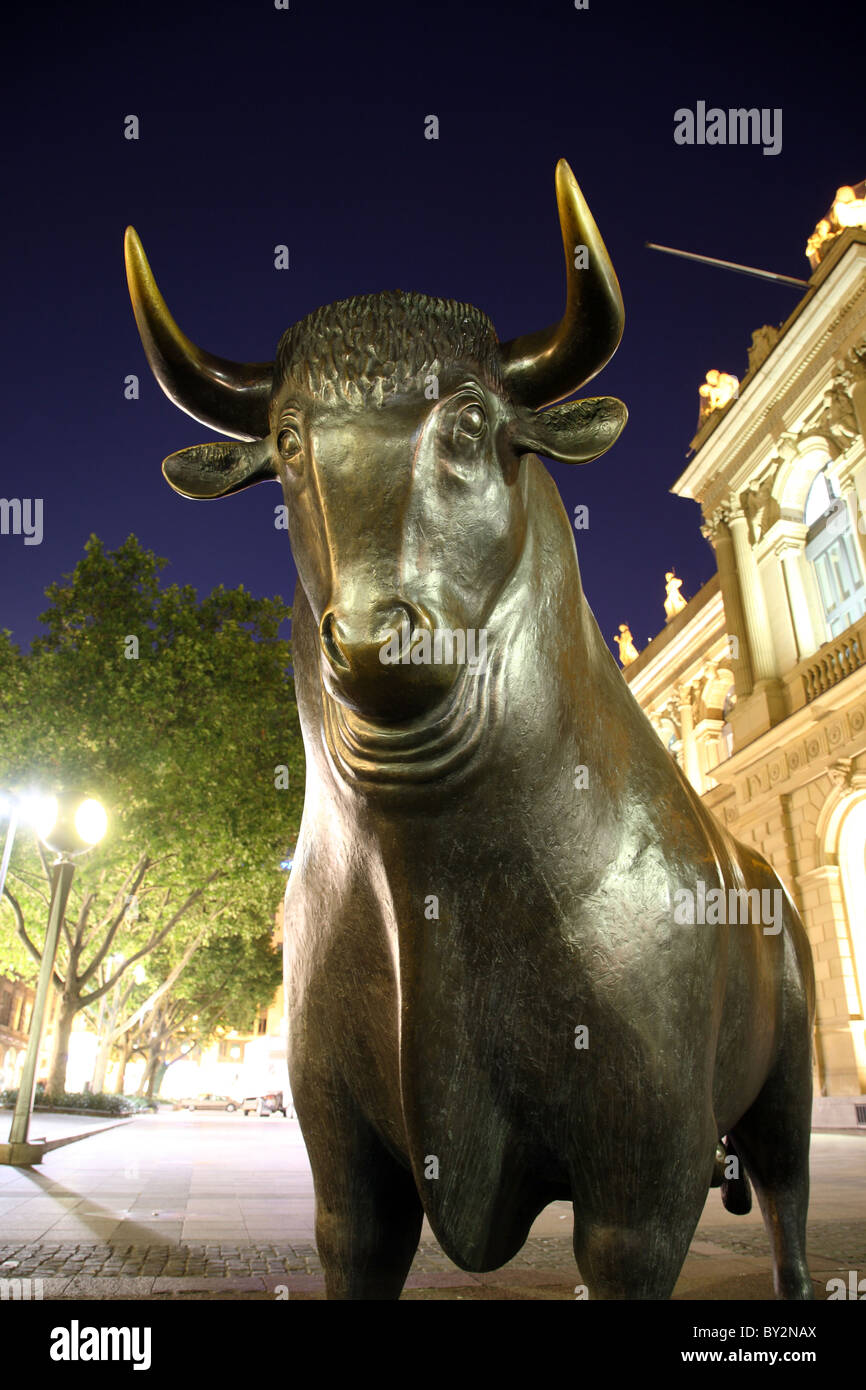 The Bull sculpture in front of the German Stock Exchange in Frankfurt am Main, Germany Stock Photo