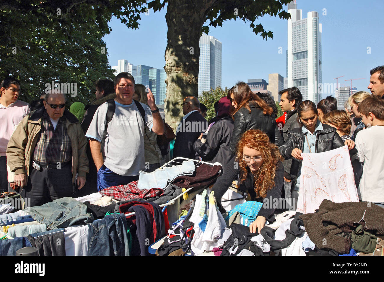 A flea market and high-rise buildings in the financial district, Frankfurt am Main, Germany Stock Photo