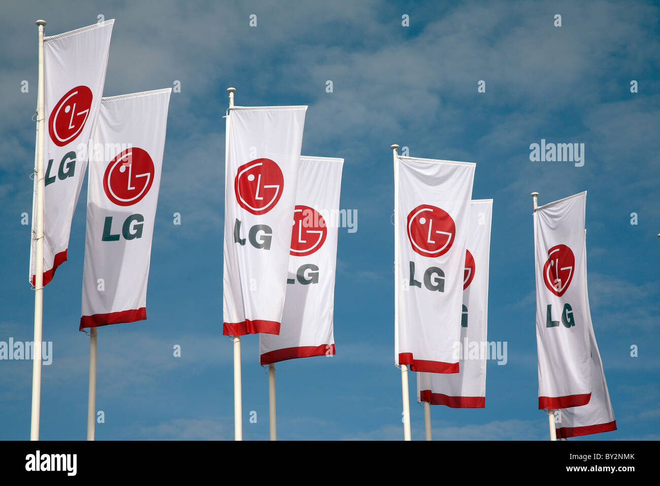 The logo of LG on flags at IFA 2008, Berlin, Germany Stock Photo