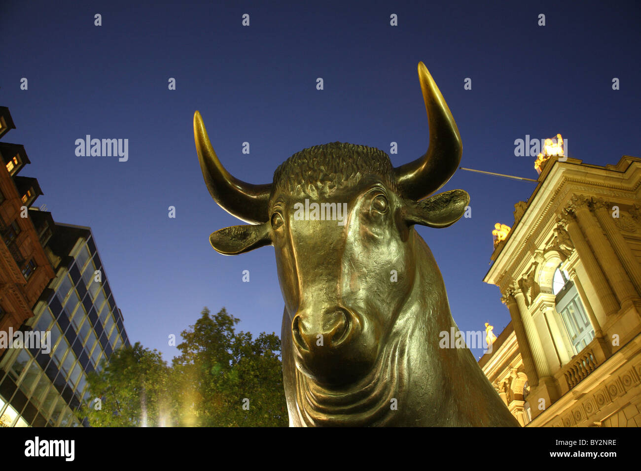 The Bull sculpture in front of the German Stock Exchange in Frankfurt am Main, Germany Stock Photo