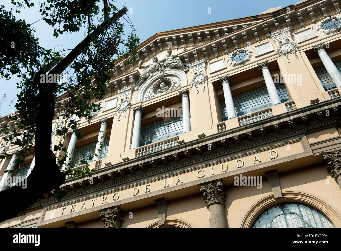 upper facade elegant 19th century Beaux Arts Neoclassical Teatro de la Ciudad Mexico City Centro central district Mexico Stock Photo
