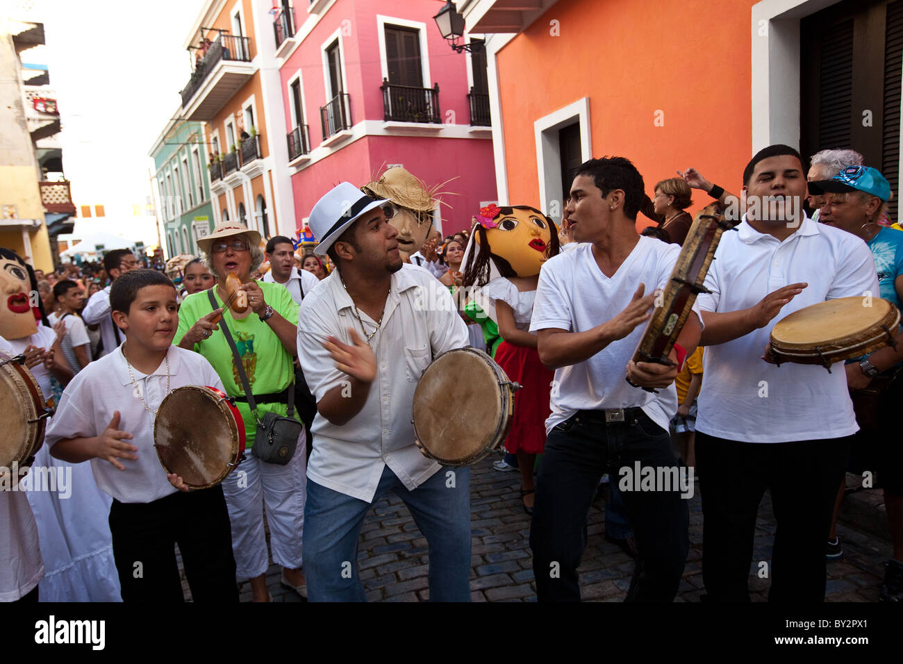 Musicians parade through the streets of Old San Juan during the Festival of  San Sebastian in San Juan, Puerto Rico Stock Photo - Alamy