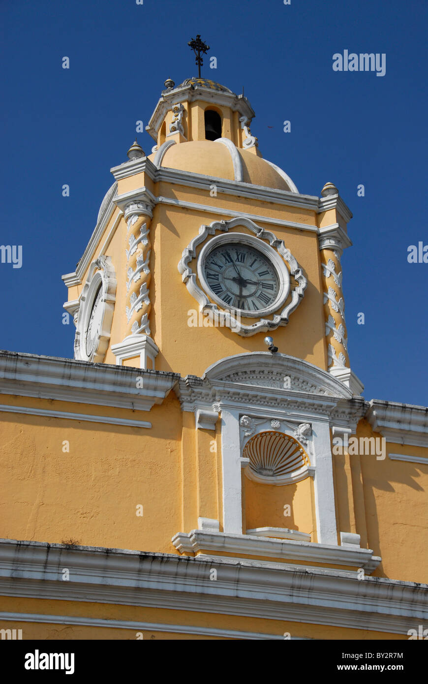 Santa Catalina Arch and clock tower in Antigua, Guatemala Stock Photo