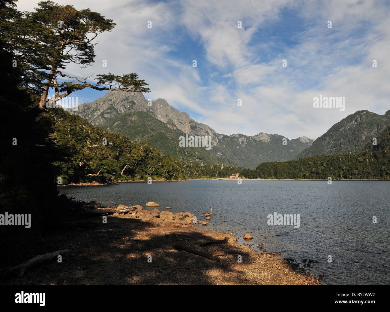 Lake tree beach view, towards Andean peaks and forest, of the Hotel
