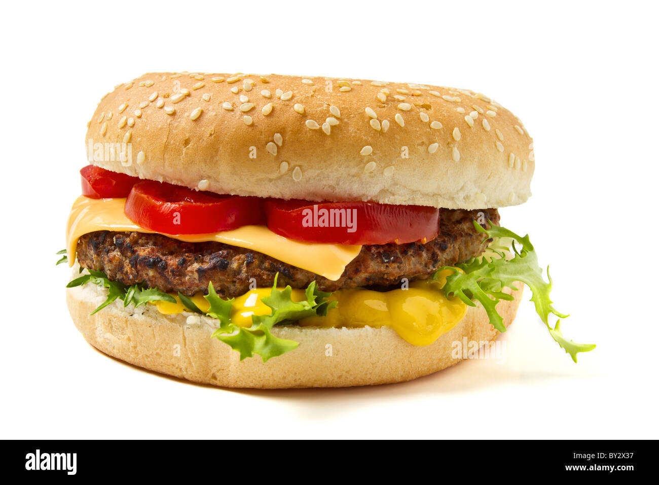 Cheeseburger and Mustard in sesame seeded bun isolated on white. Stock Photo