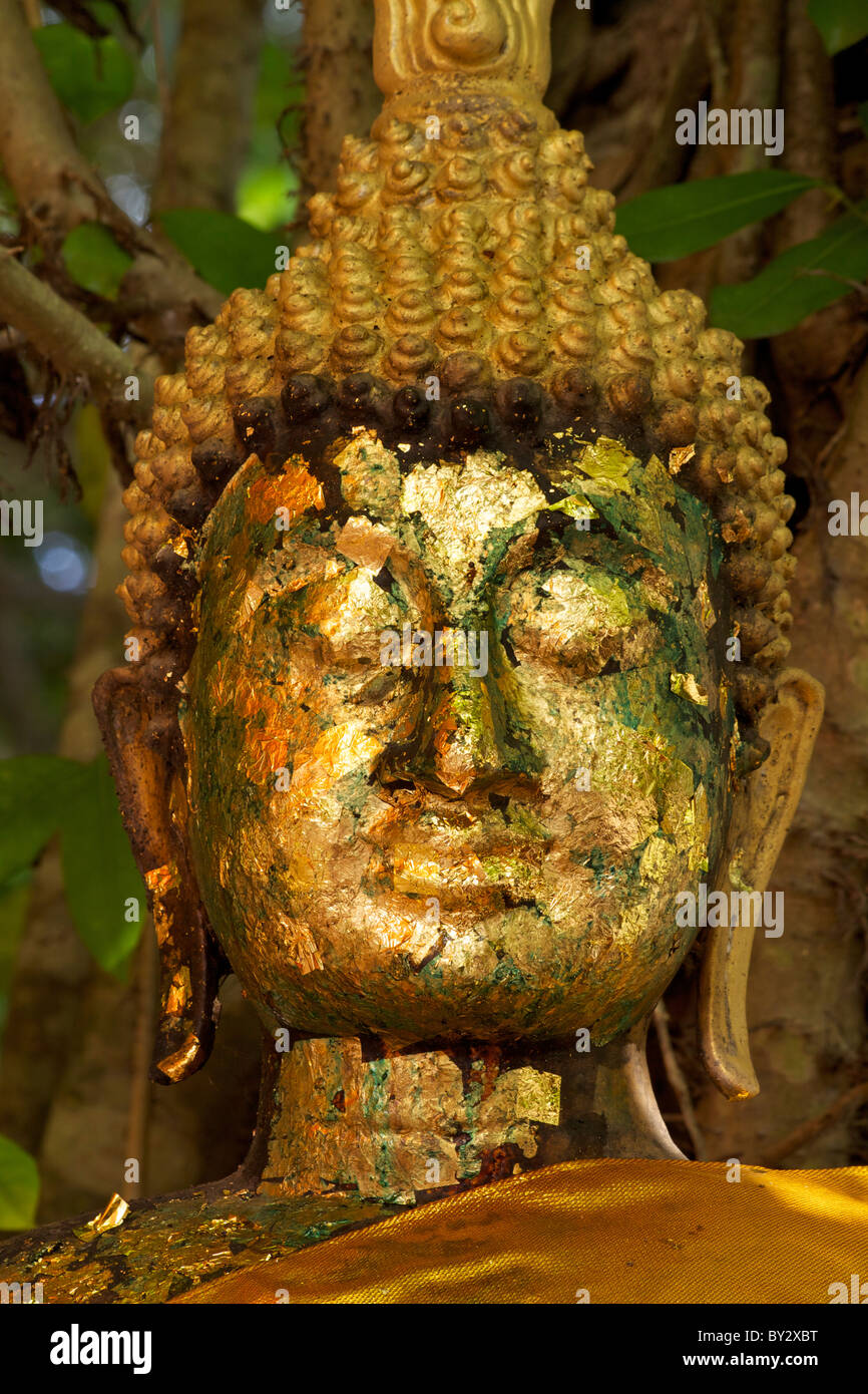 Buddha with offerings of gold leaf and dressed in a saffron coloured robe outside the Wat Bang Kung temple in Samut Songkhram Stock Photo
