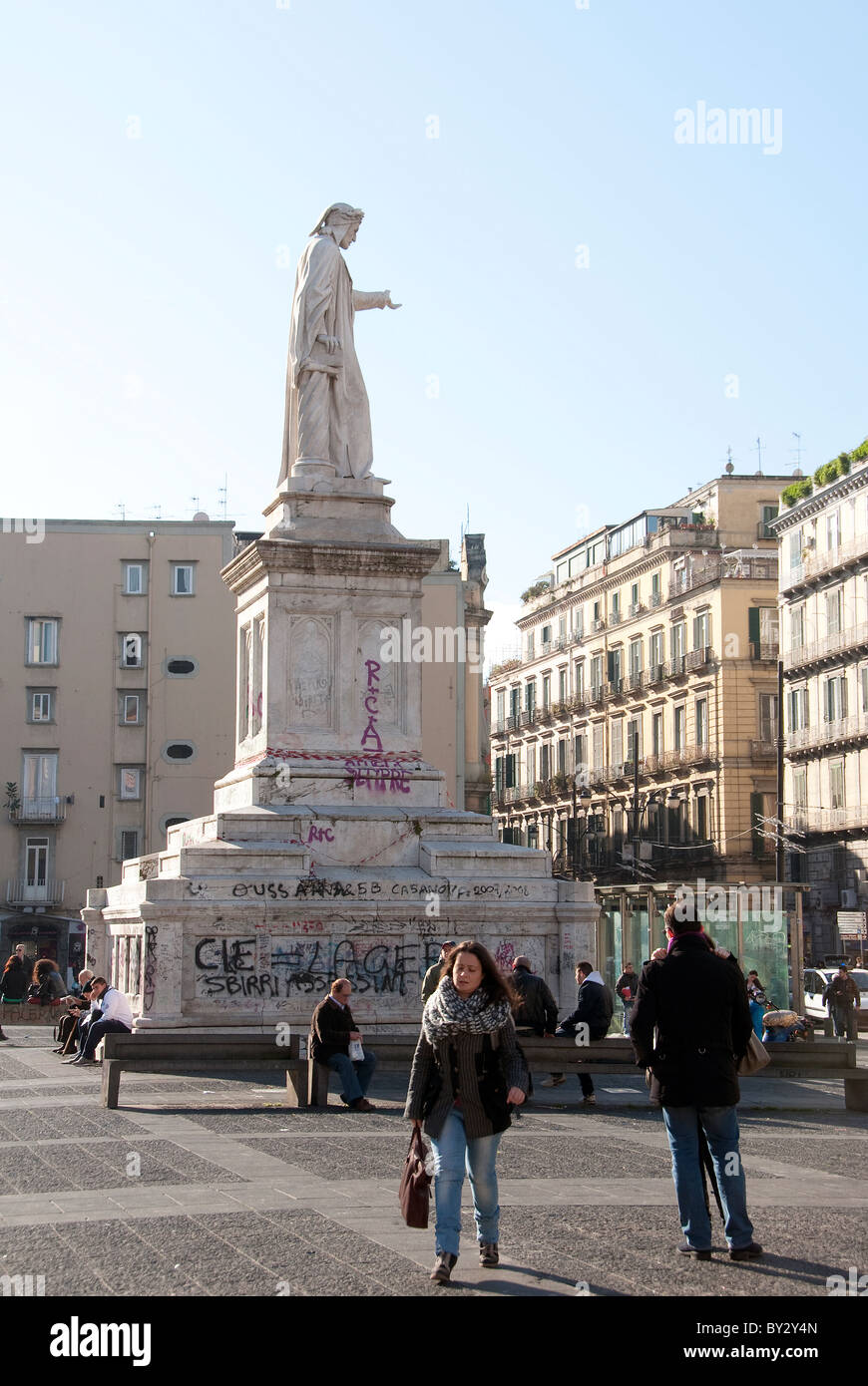 Heavily graffiti Statue of Dante in Piazza Dante, site of the metro stop, Naples, Italy Stock Photo