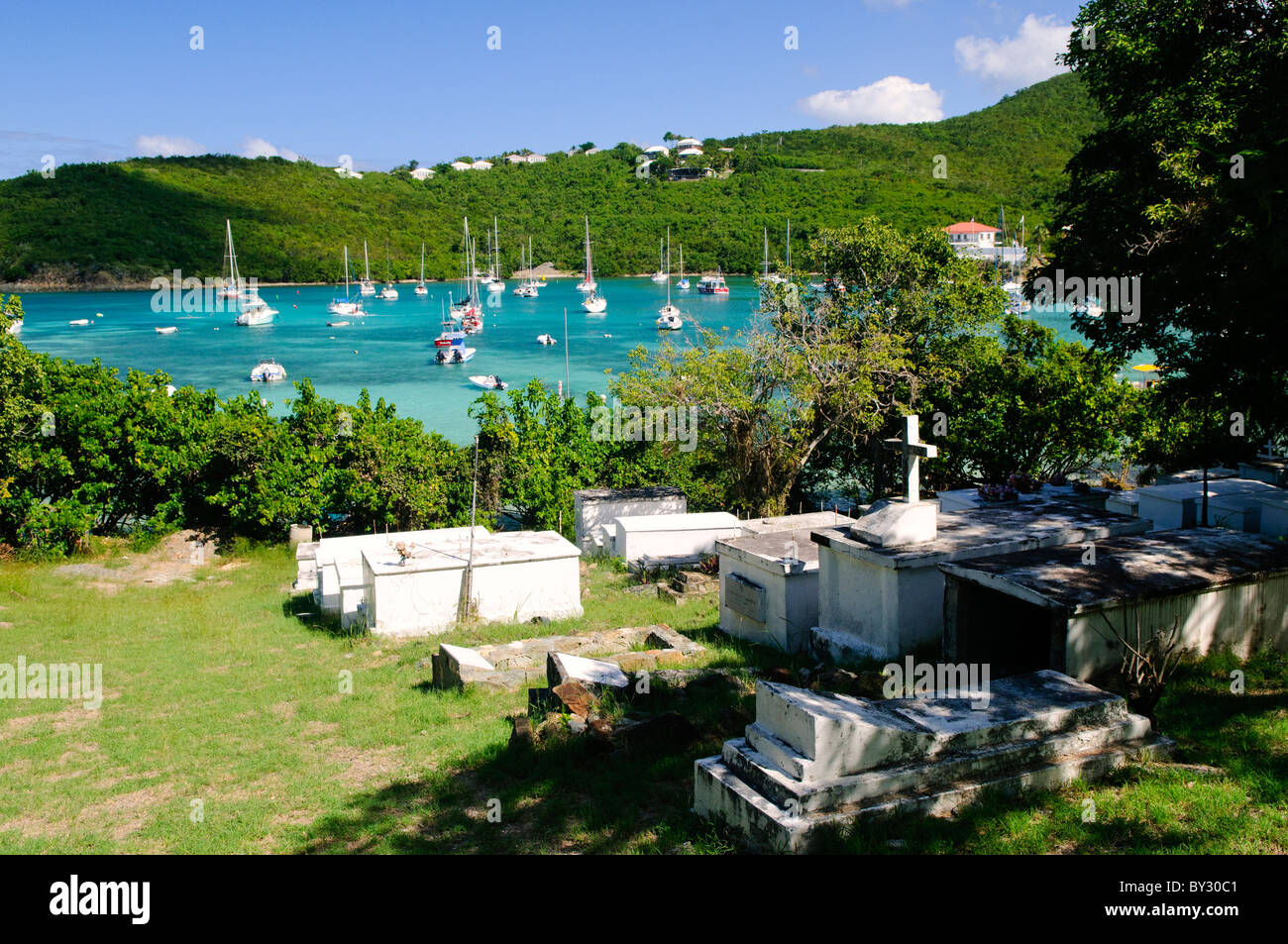 ST JOHN, US Virgin Islands - The cemetery of Gallows Point is in the foreground with the natural harbor of Cruz Bay in the background on St. John in the US Virgin Islands Stock Photo