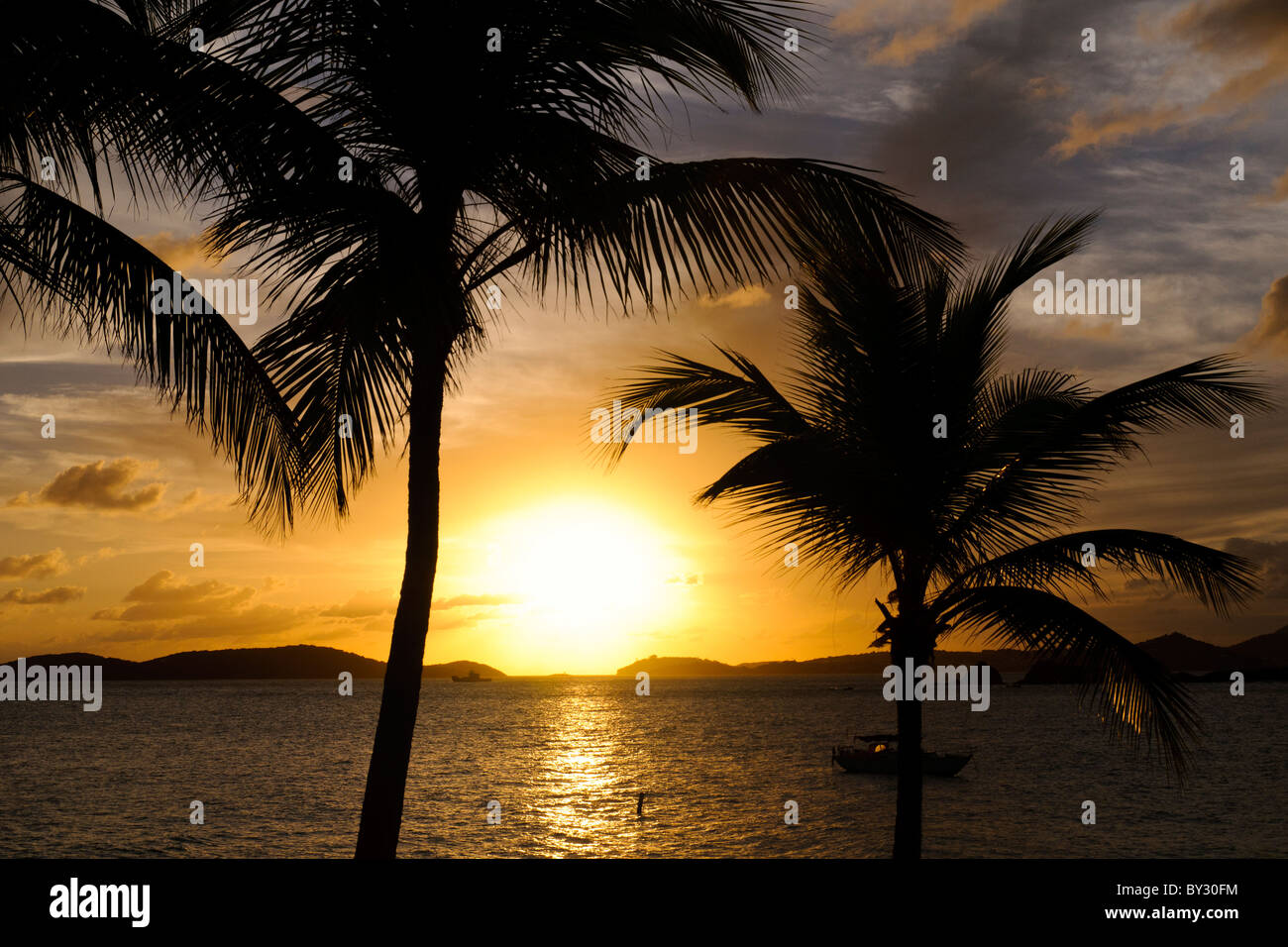 A beautiful Caribbean sunset seen from St. John and overlooking St. Thomas in the US Virgin Islands framed by palm trees. Stock Photo