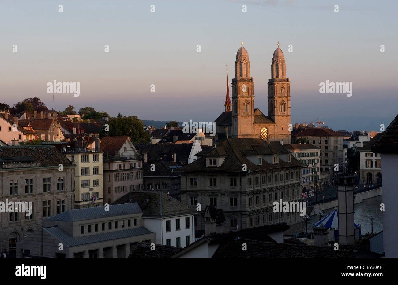 Old Town with the Grossmuenster in evening light, Zurich, Switzerland Stock Photo