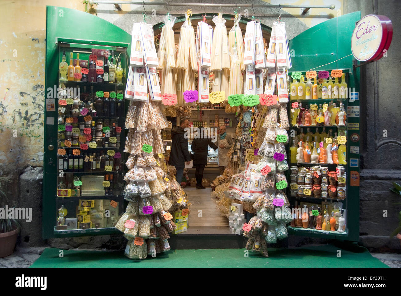 Alimentari or food shop specializing in Pasta in the Spaccanapoli street of Naples, Italy Stock Photo