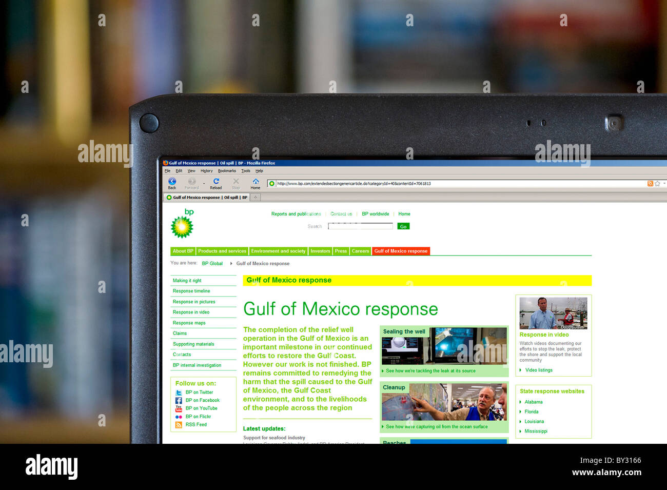 The BP website outlining the response to the Gulf of Mexico Oil Spill in 2010, UK Stock Photo