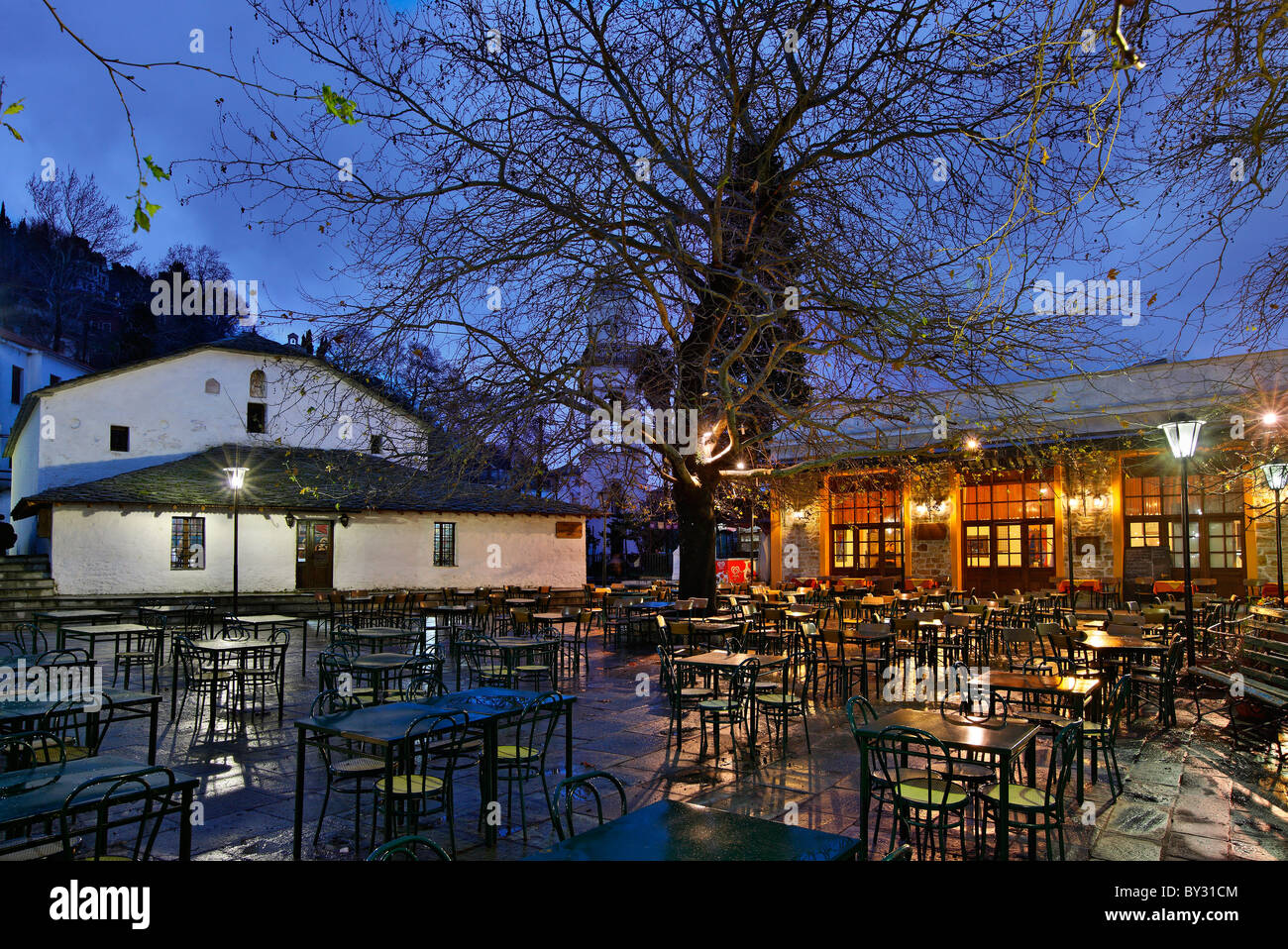 The square in Milies village in the "blue" hour. Pelion mountain, Greece Stock Photo