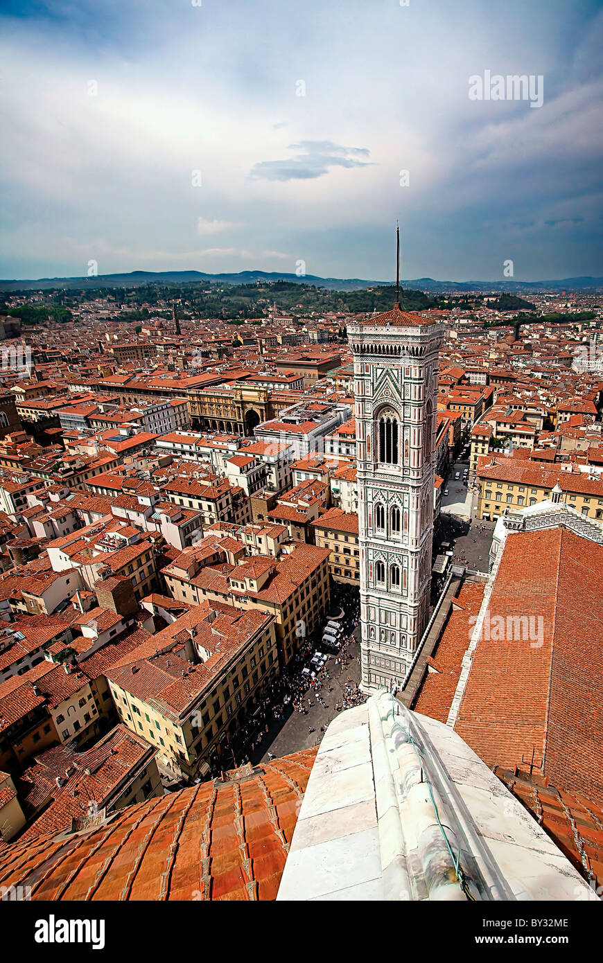 Florence, Italy. Panoramic view of the old city and the "Campanile" from the Cathedral and its famous dome, the "Duomo". Stock Photo