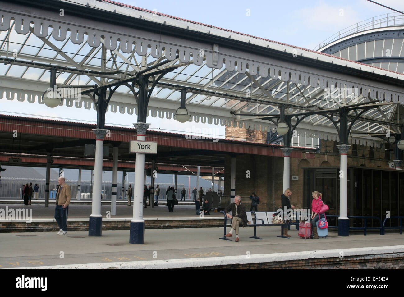 View of York railway station in UK from inside a train. Stock Photo