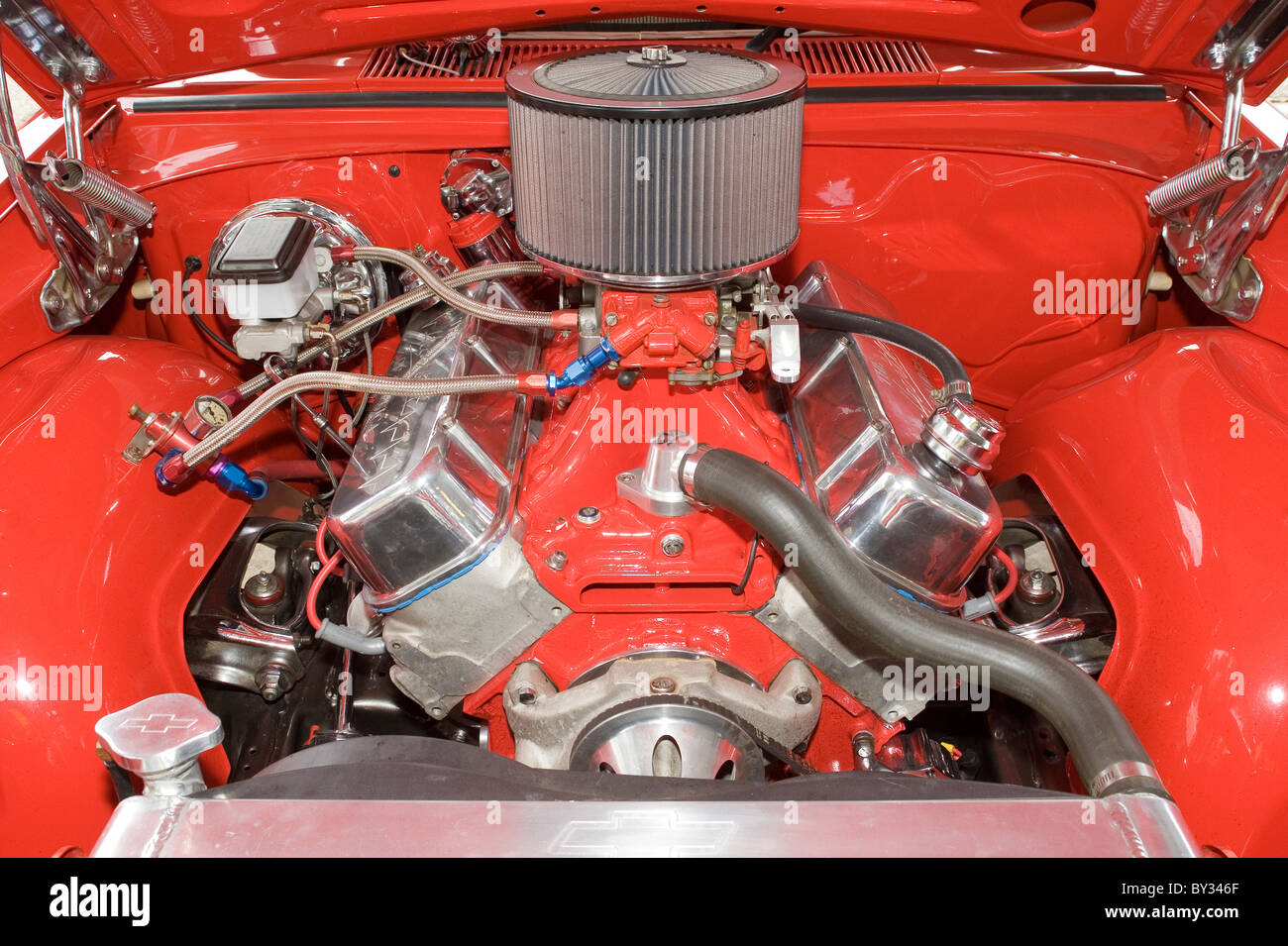 Large V8 engine in a modified American muscle style car Stock Photo