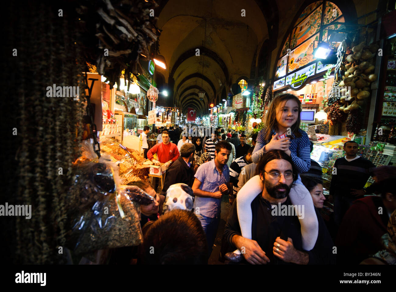 ISTANBUL, Turkey / Türkiye — On of the undercover 'streets' in the Spice Bazaar (also known as the Egyptian Bazaar) in Istanbul, Turkey. Stock Photo