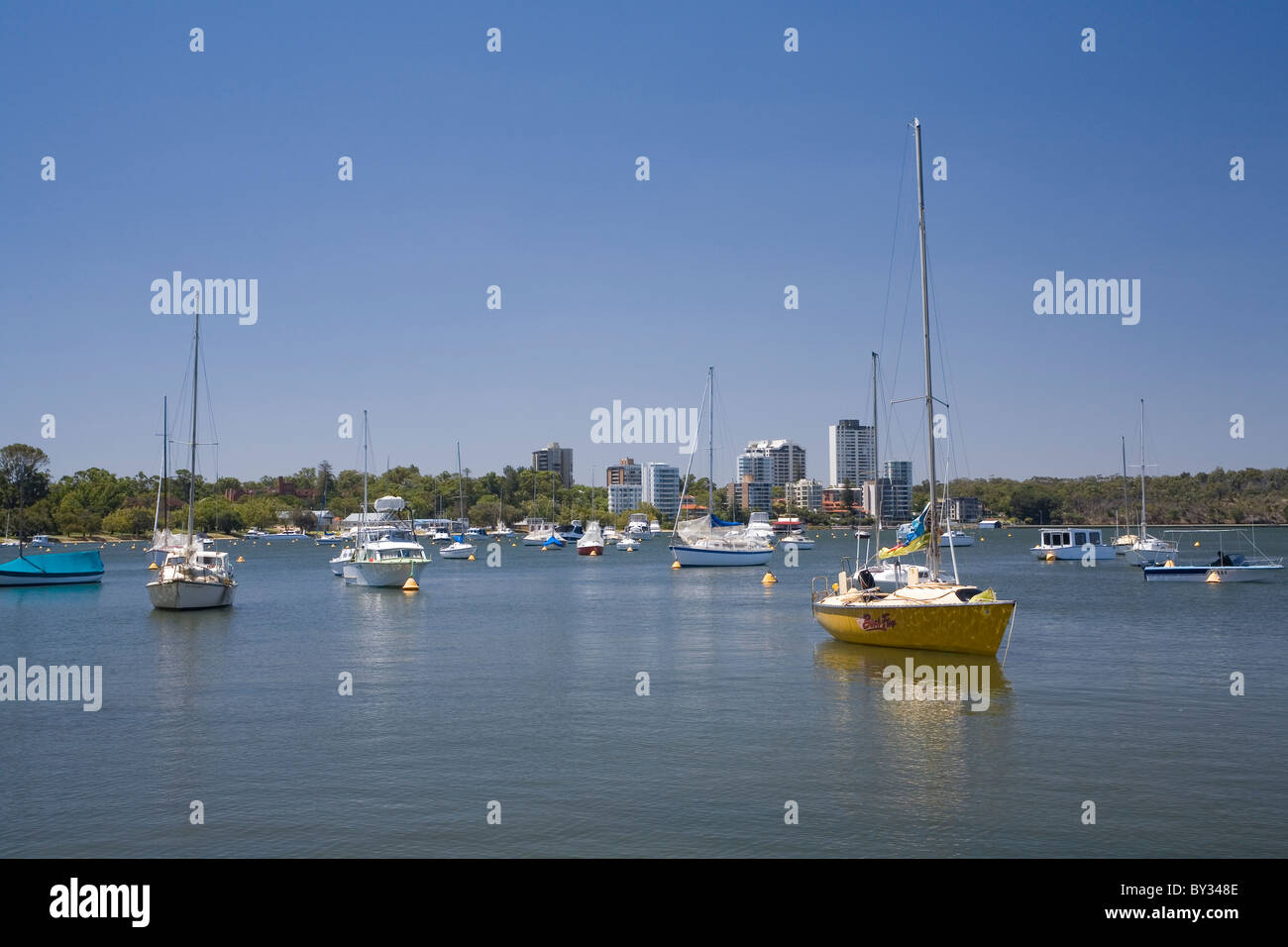 Yachts and boats moored on the calm waters of Matilda Bay on the Swan River, Perth. Western Australia Stock Photo
