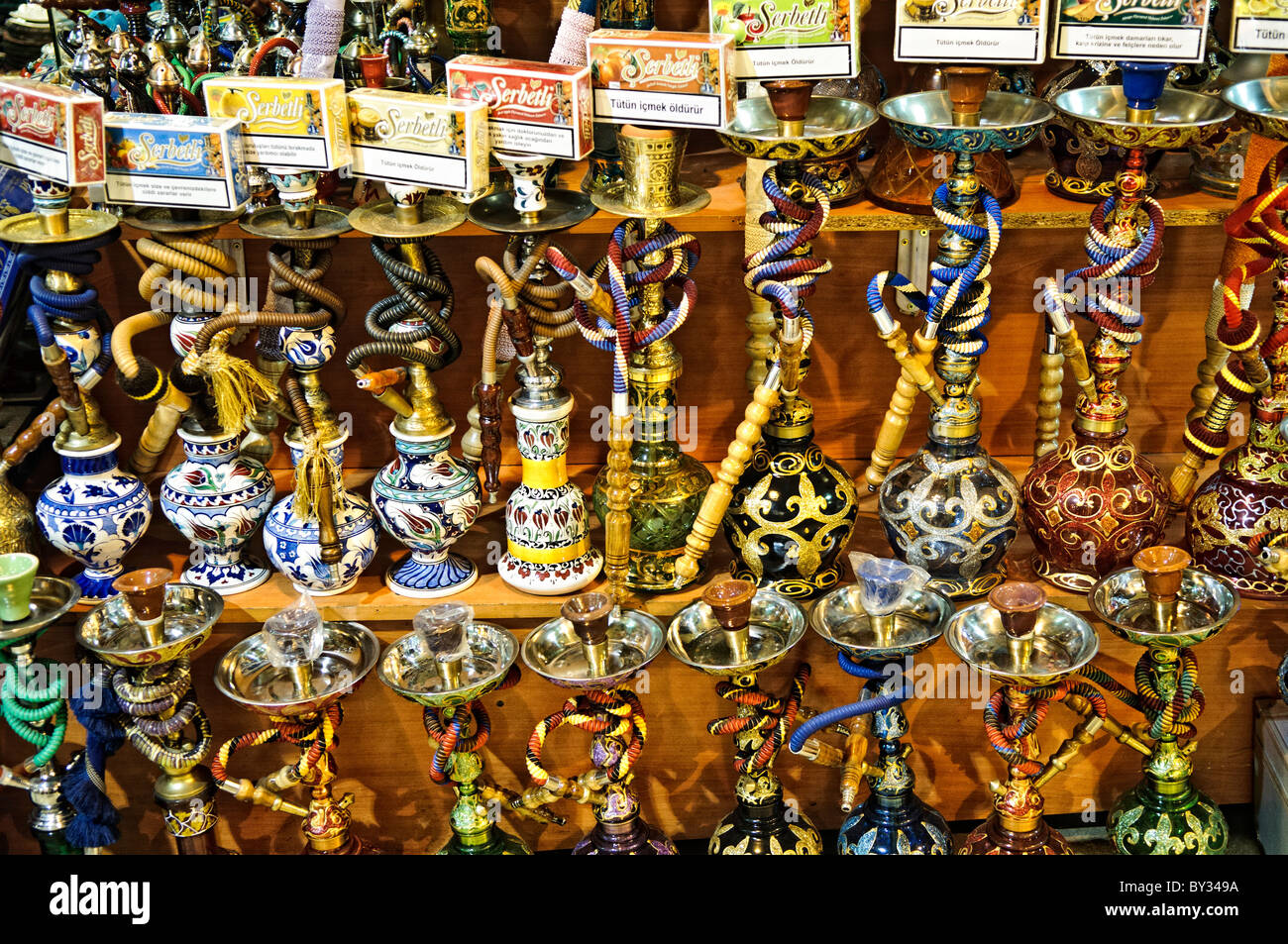 Ornately painted water pipes for sale in Istanbul's historic Grand