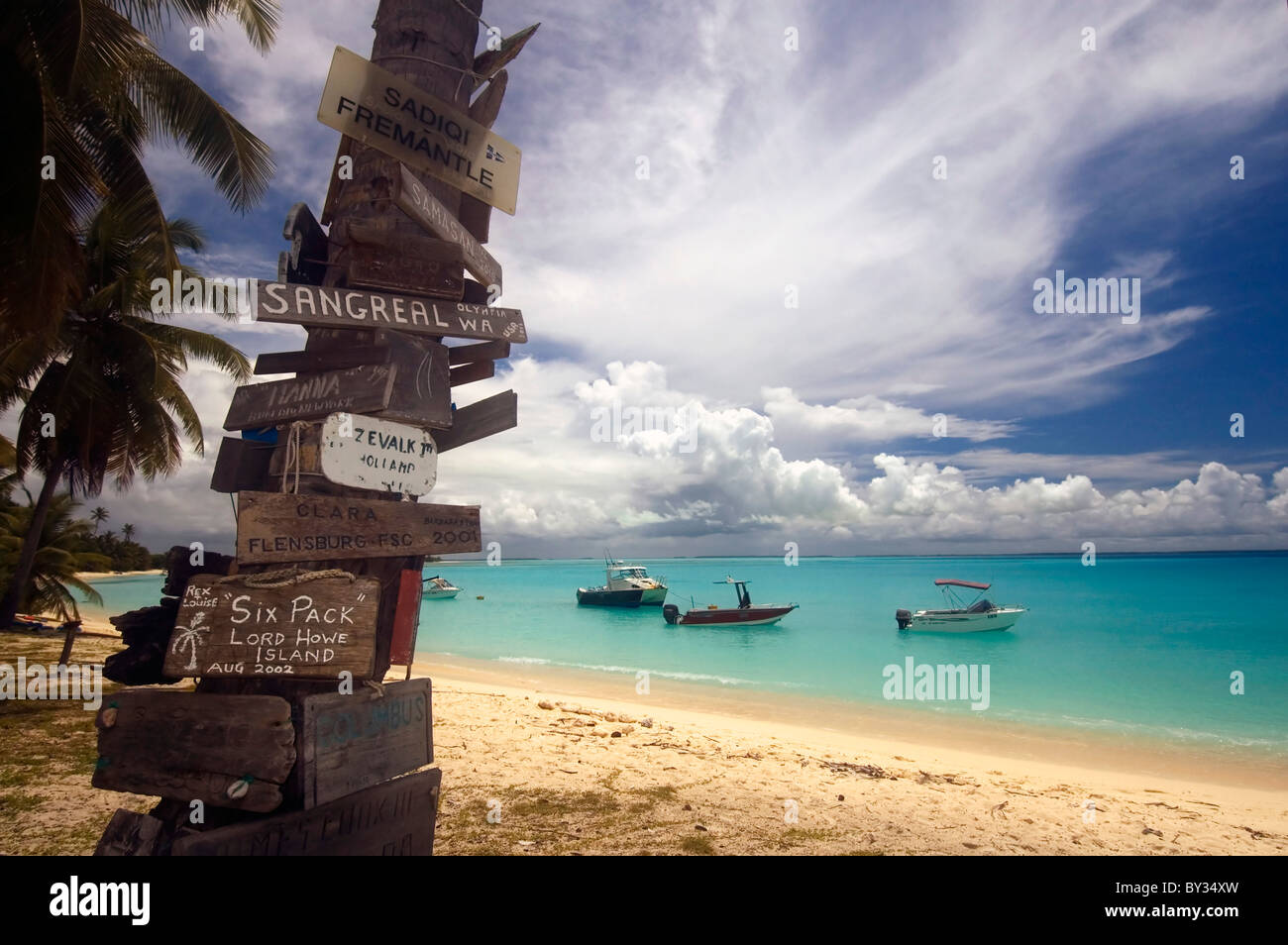 Ships that have sheltered in the safe anchorage at Direction Island, Cocos Keeling atoll, Indian Ocean. No PR Stock Photo