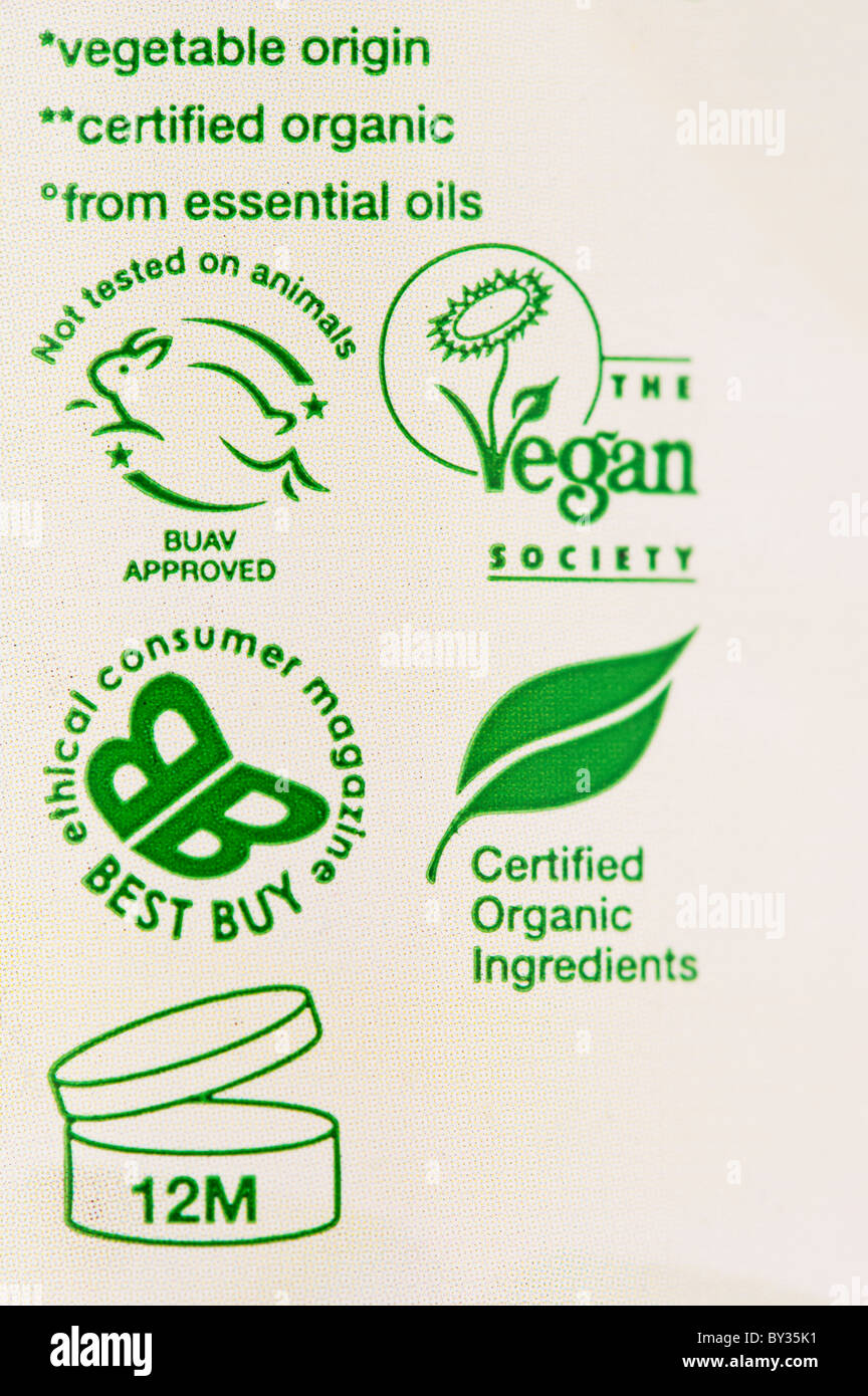 Organic, vegan, not tested on animals, product label. UK Stock Photo
