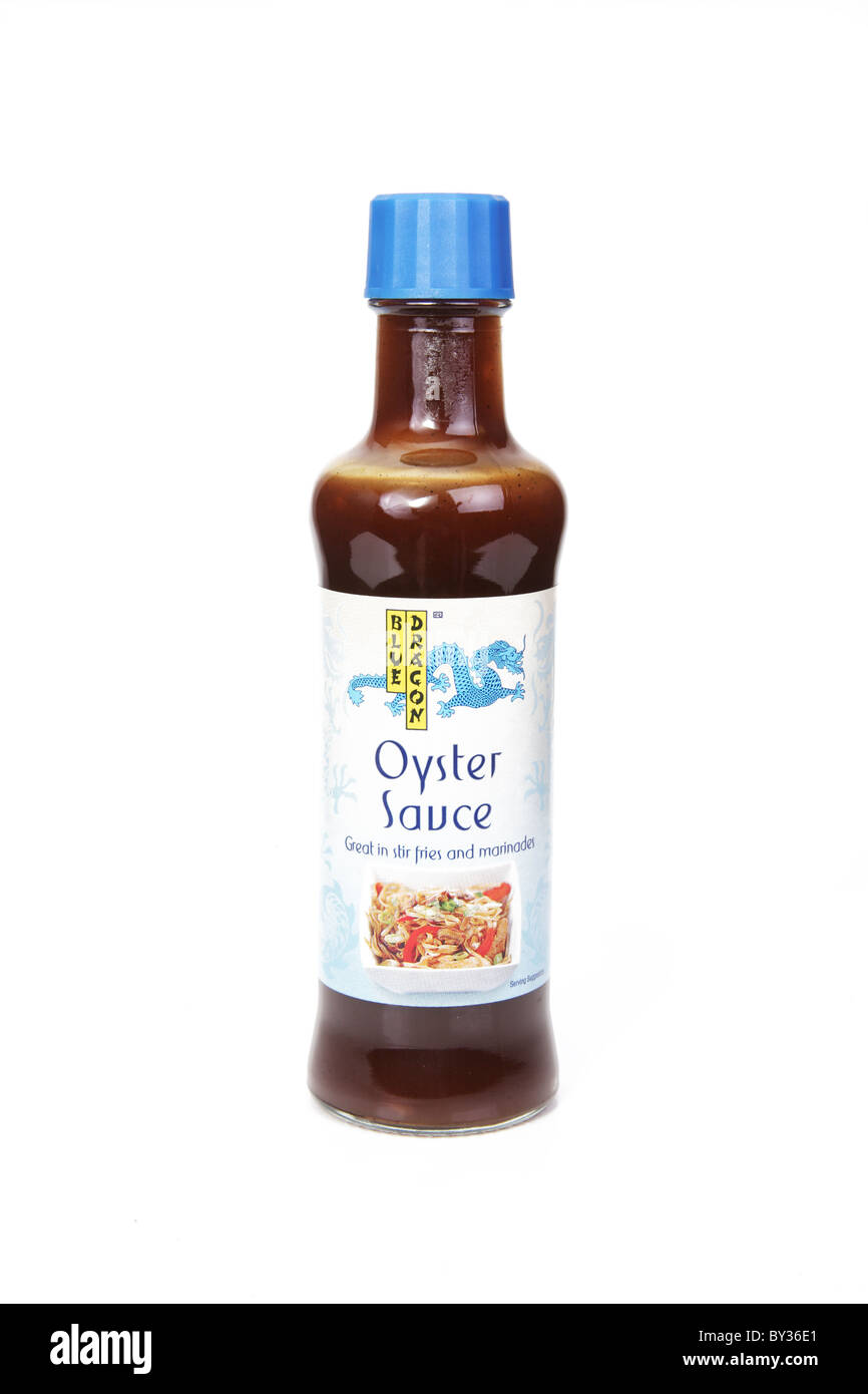 A Bottle of Blue Dragon Brand Oyster Sauce on white background Stock Photo