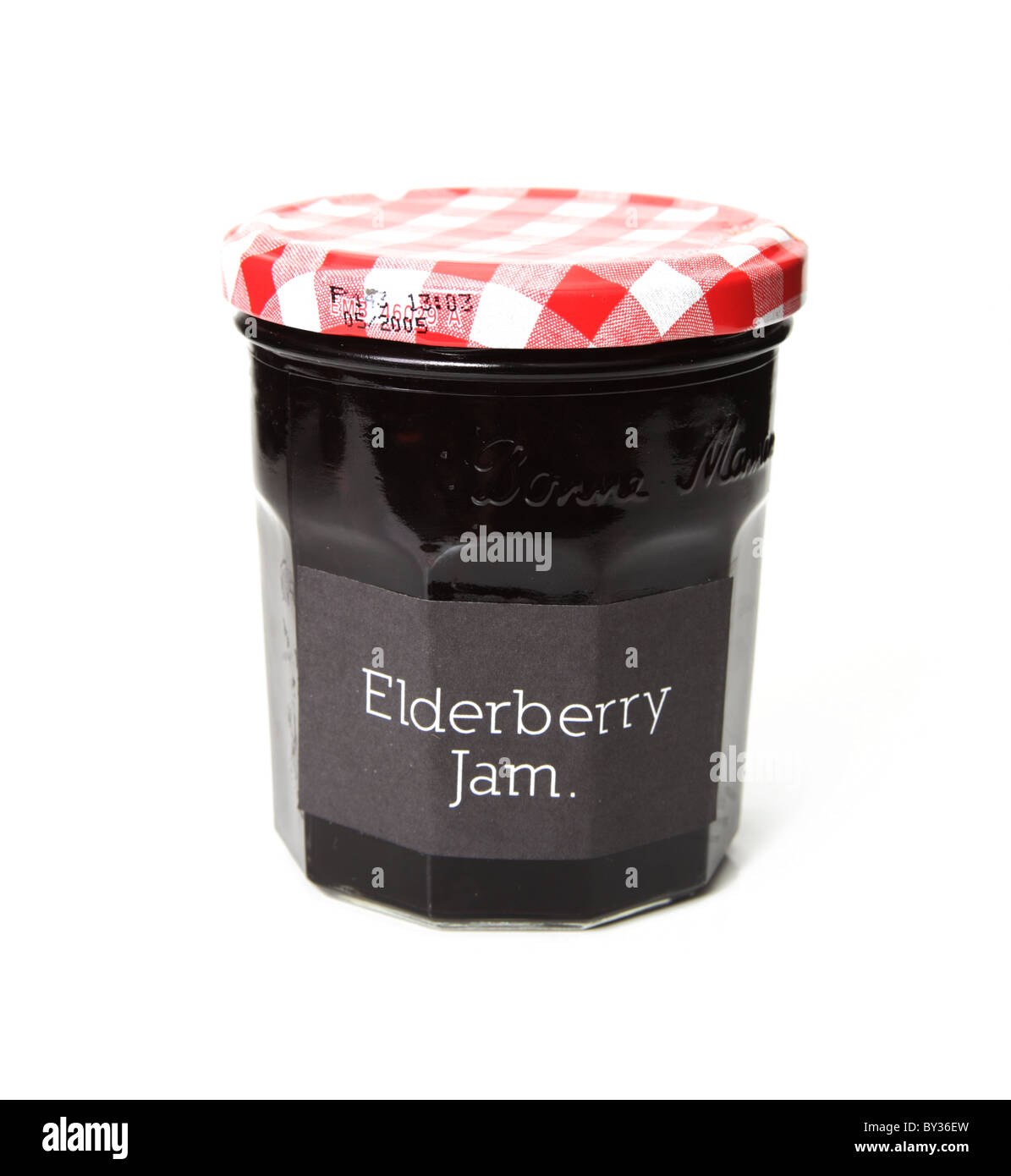 A Jar of Home Made Elderberry Jam on White Background Stock Photo